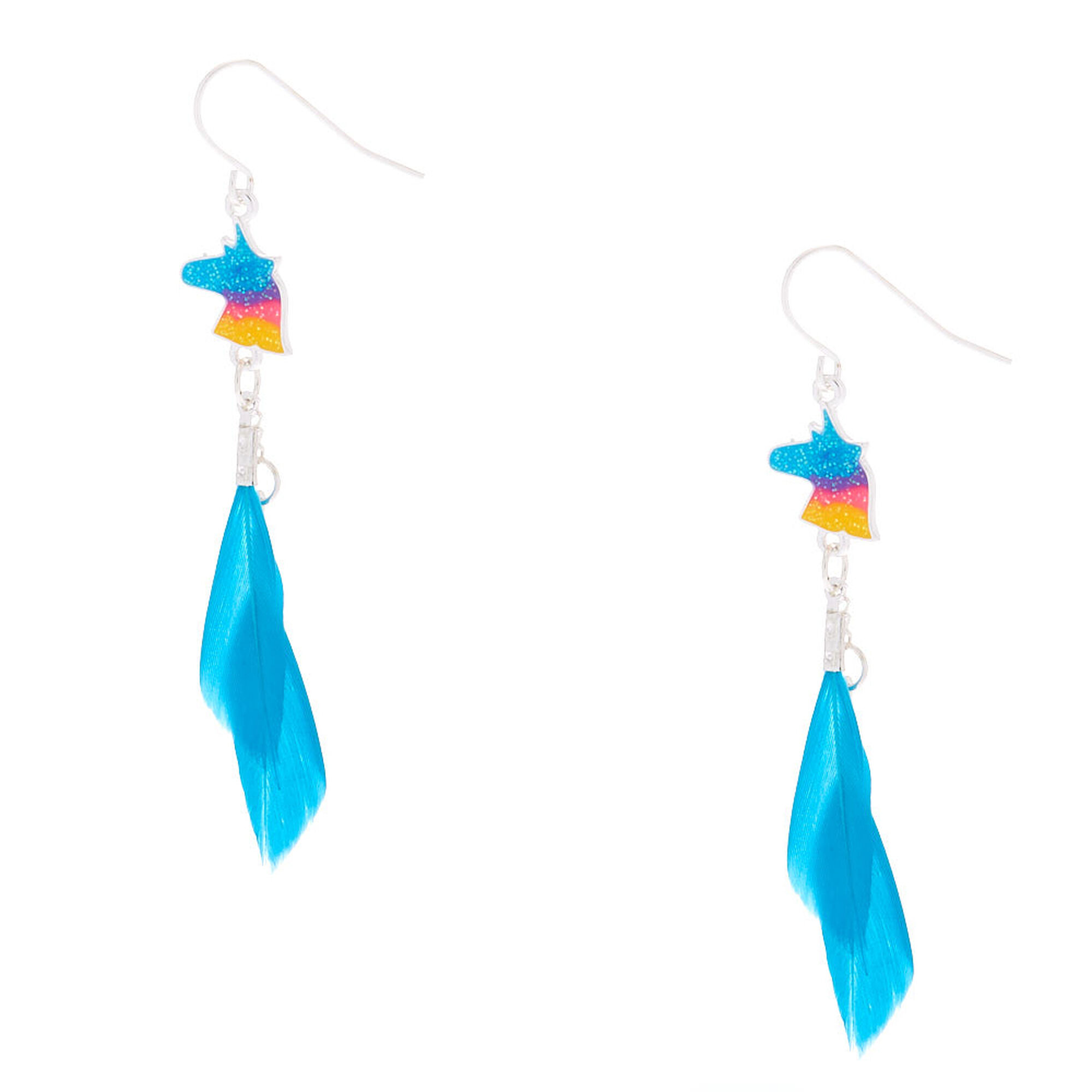 Turquoise Claire's Girl's Silver 2" Unicorn Feather Clip On Drop Earrings